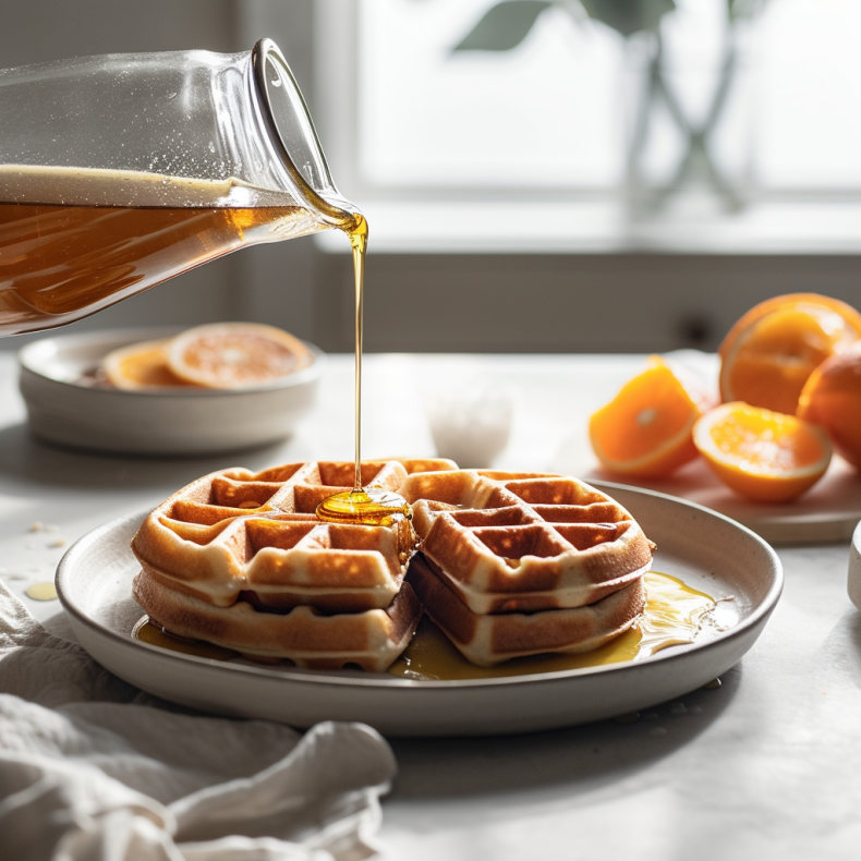 A Generative AI depiction of waffles with syrup, capturing the appetizing texture and golden color, exemplifying the capabilities of AI in commercial food photography.