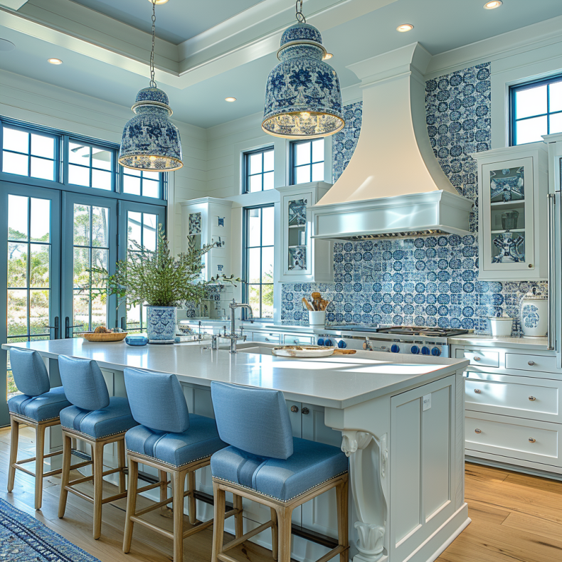 A sophisticated kitchen interior design visualized by Midjourney AI, featuring modern furnishings and a serene color palette, demonstrating the potential of AI in interior design photography.