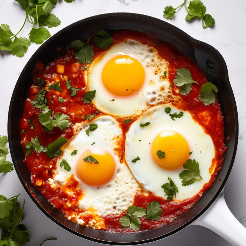 Shakshuka, a dish perfect for culinary presentations, rendered by Generative AI technology, showcasing the rich details and vibrant colors typical of high-quality food photography